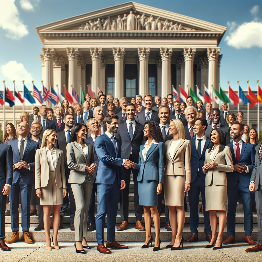 An inspirational image depicting political unity with a diverse group of politicians standing together on the steps of a grand government building, shaking hands and smiling
