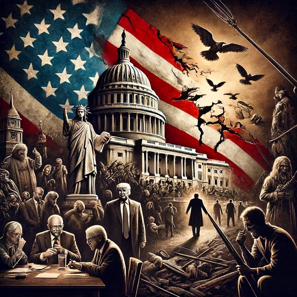 U.S. Capitol, torn flag, chaos, and ominous birds.