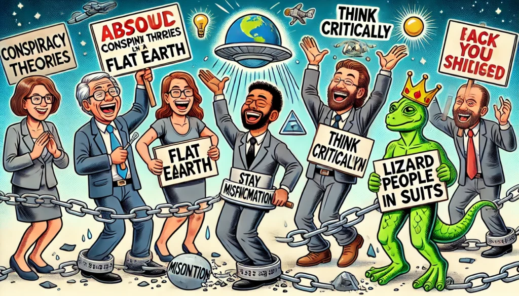 People with conspiracy theory signs and a lizard person promoting critical thinking