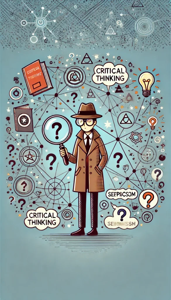 Detective with critical thinking and conspiracy theory symbols