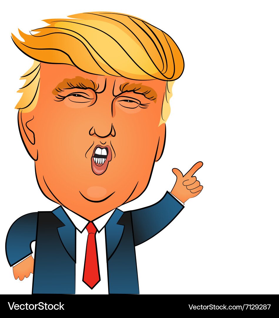 Cartoon caricature of Donald Trump pointing.