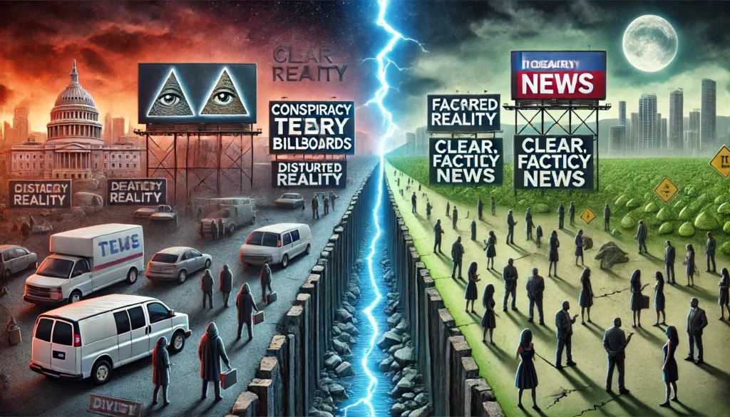 Divided landscape: conspiracy theories vs. factual news.