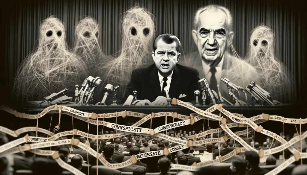 Nixon/Mccarthy at press conference with ghosts and conspiracy theories.