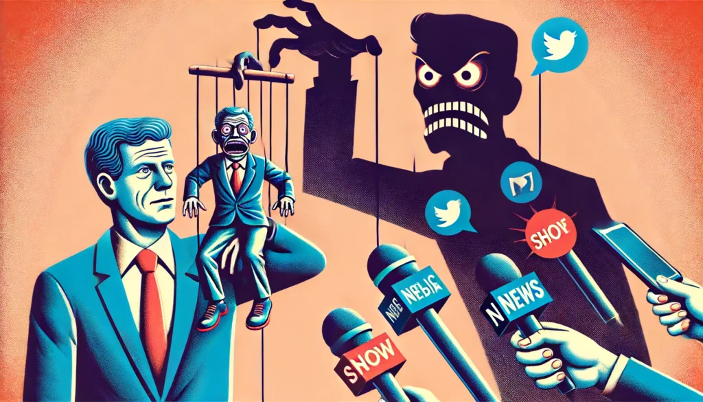 Dark figure manipulating politician with social media and media icons.