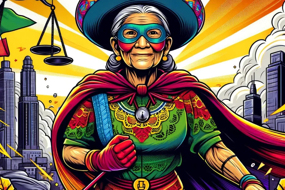 Elderly Mexican female superhero in a traditional outfit with superhero elements, standing confidently in front of a cityscape.