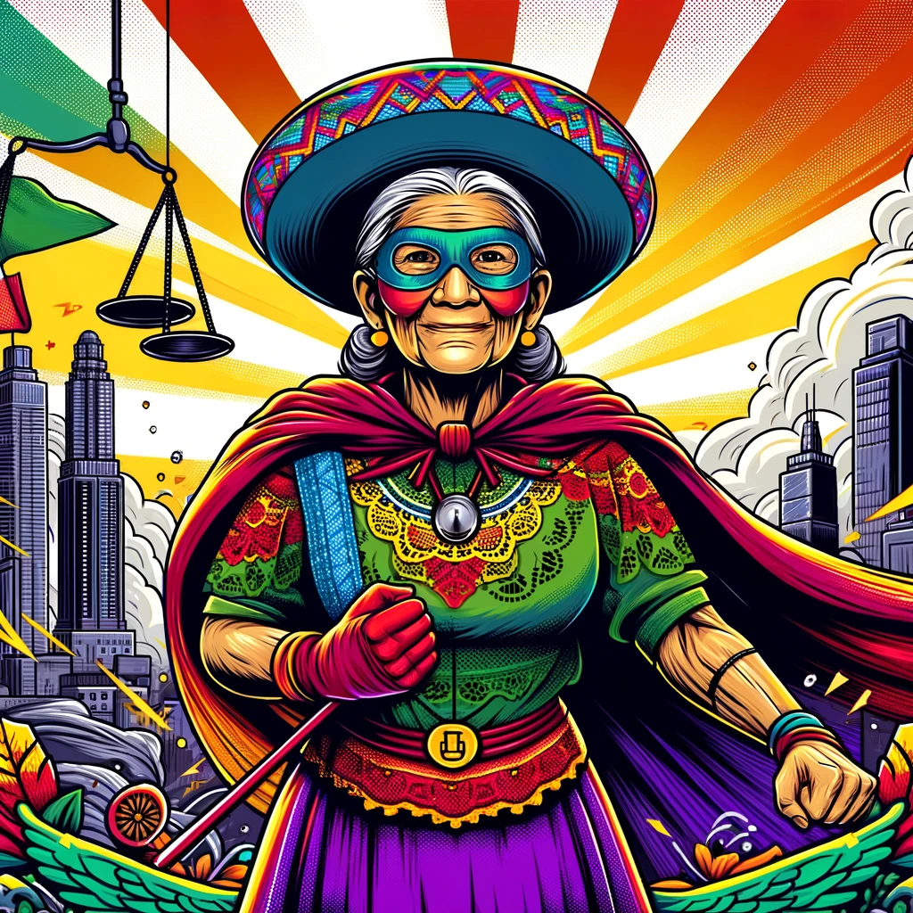 Elderly Mexican female superhero in a traditional outfit with superhero elements, standing confidently in front of a cityscape.