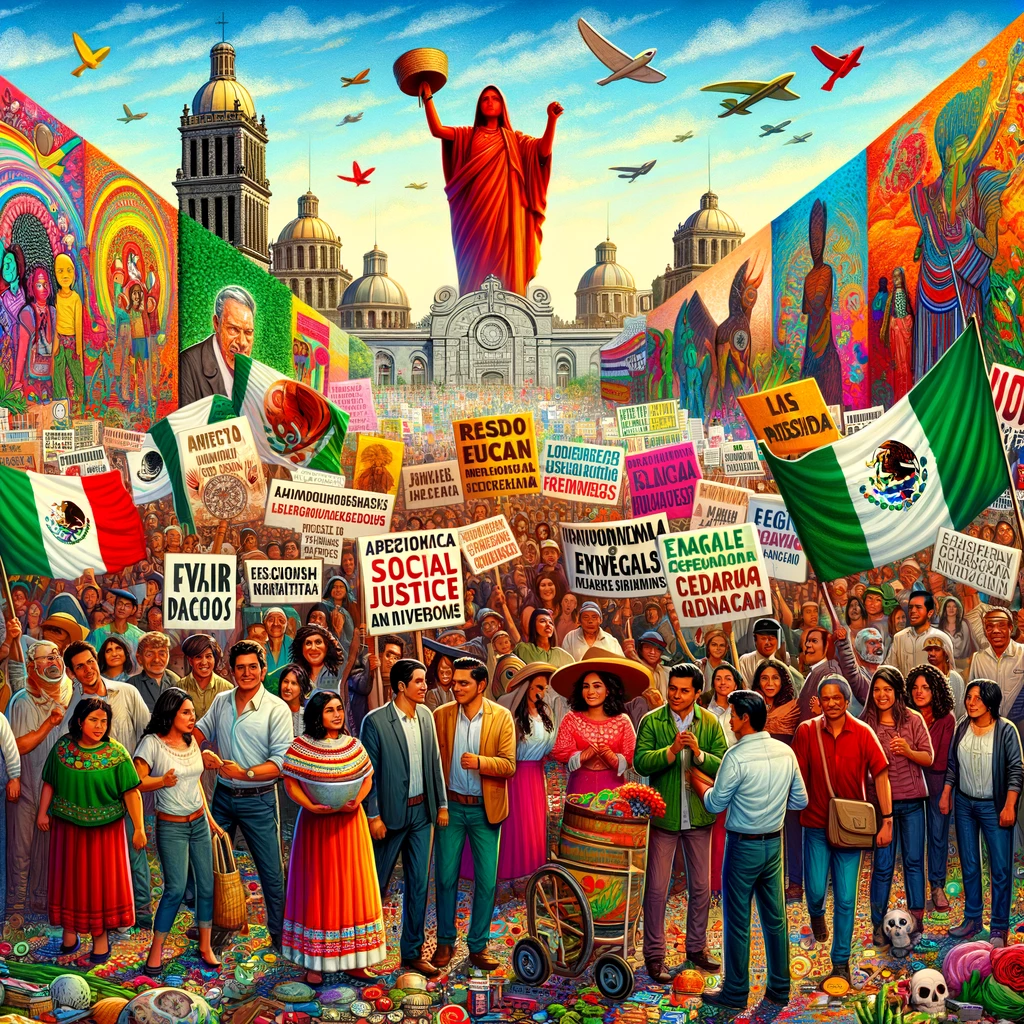 Colorful protest in Mexico with people advocating for social justice and progressive reforms.