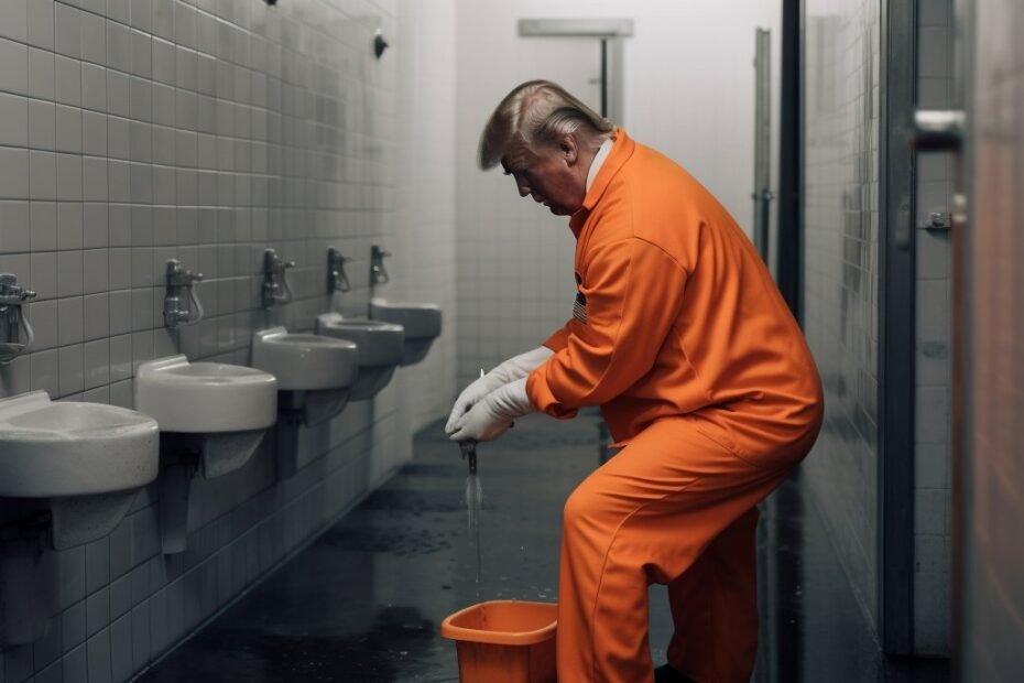 Donald Trump in an orange prison jumpsuit, cleaning a bathroom with white tiles and sinks lined up against the wall.