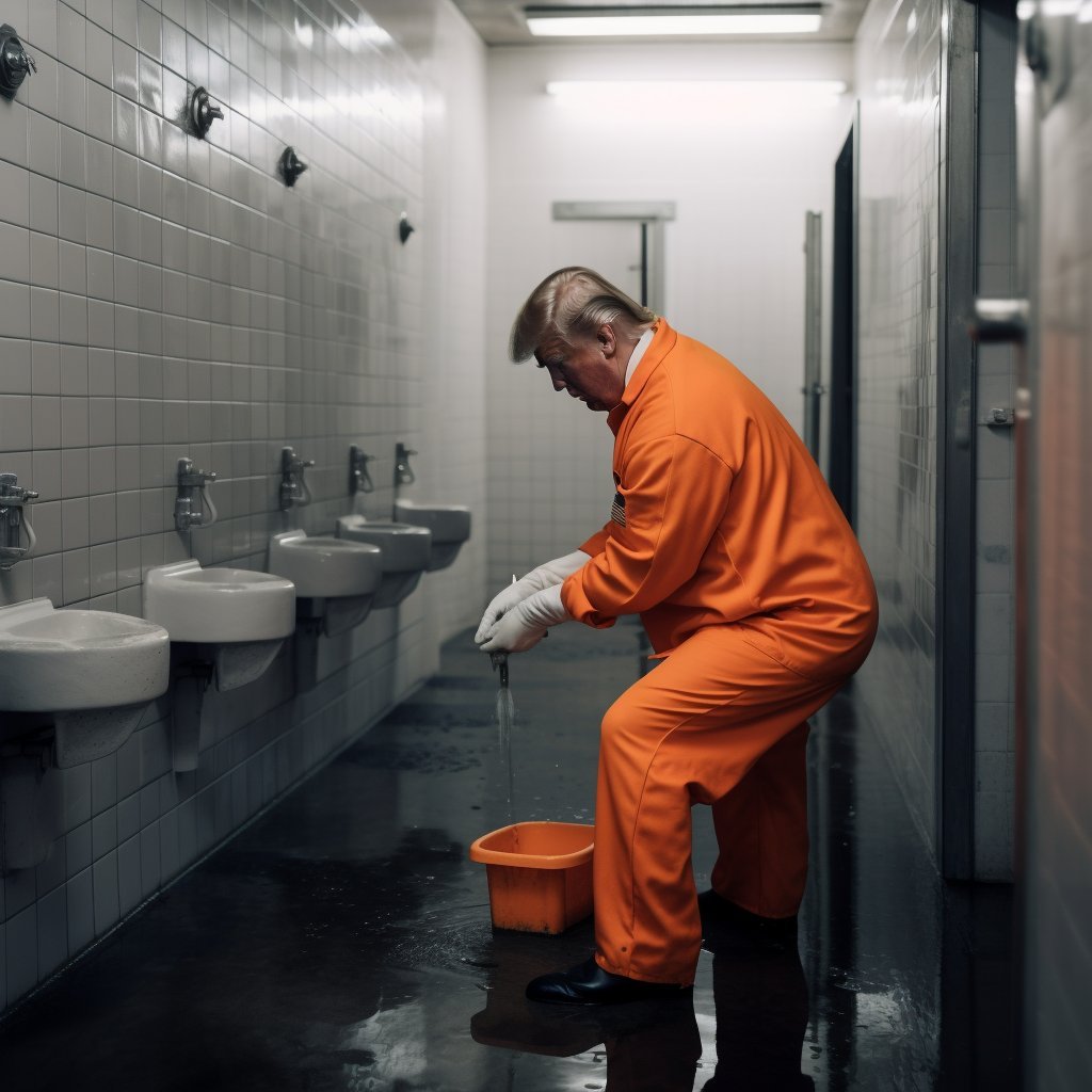 Donald Trump in an orange prison jumpsuit, cleaning a bathroom with white tiles and sinks lined up against the wall.